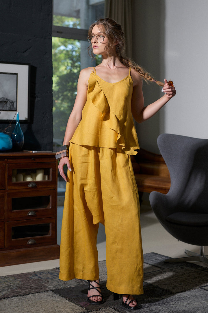 Woman's Linen Camisole Top with Ruffle