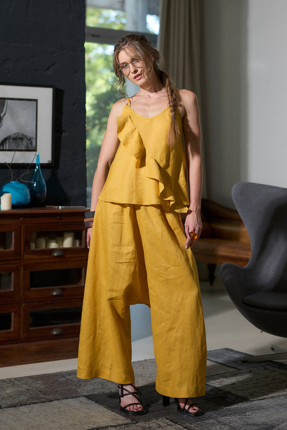 Linen harem pants in mustard