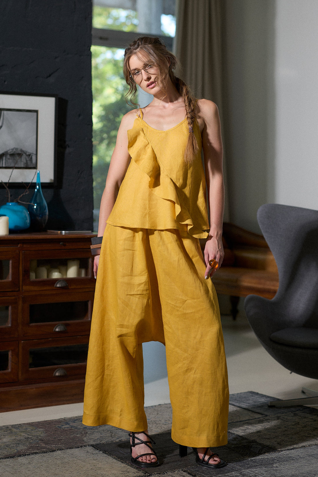 Woman's Linen Camisole Top with Ruffle