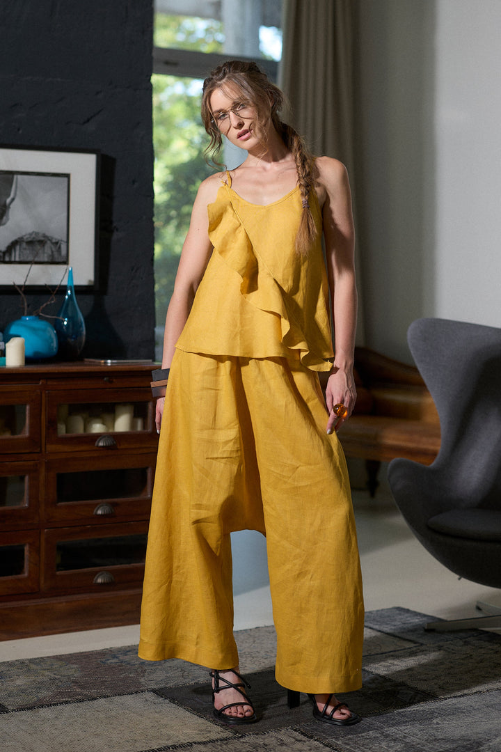 Woman's Linen Camisole Top with Ruffle