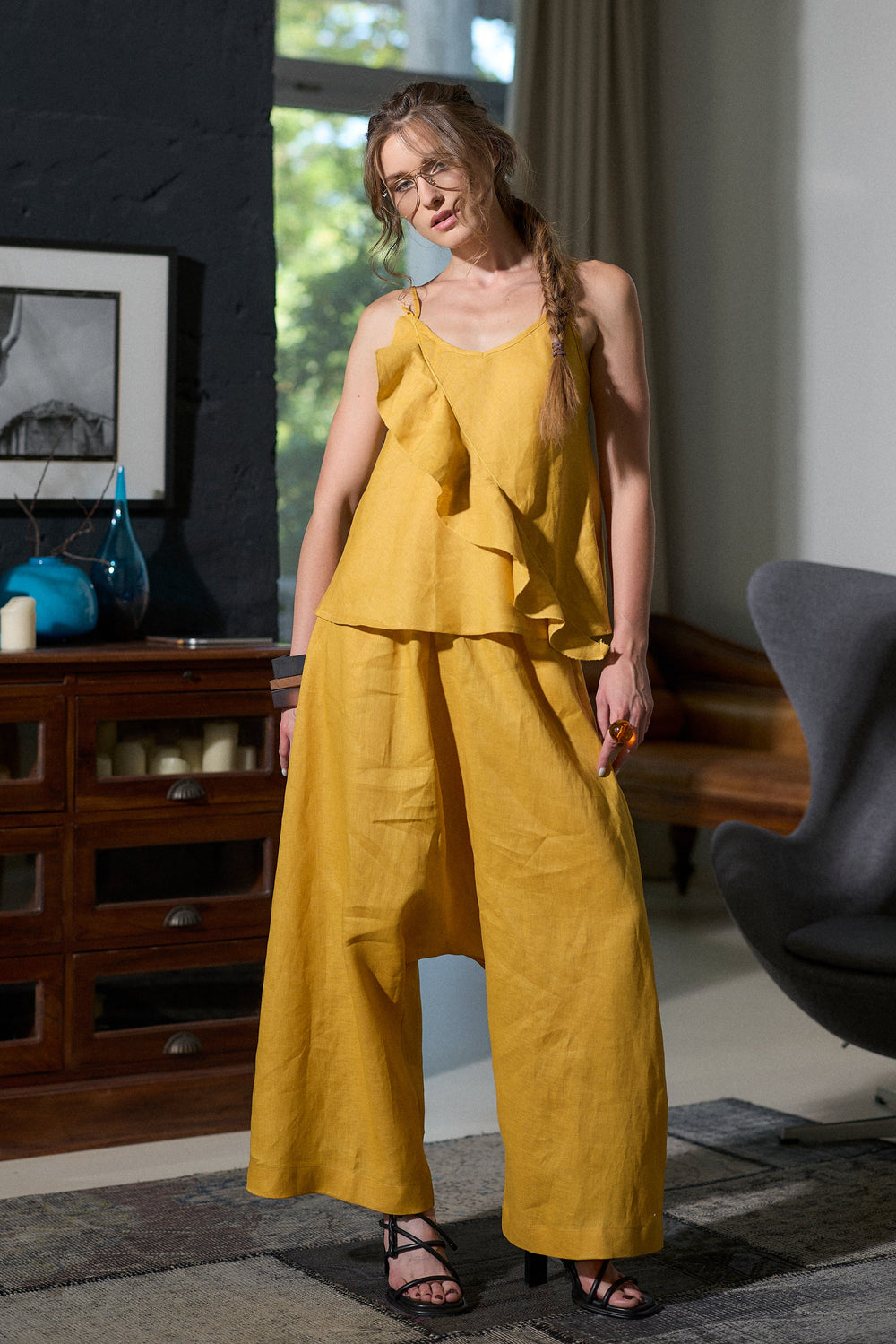 Linen harem pants in mustard