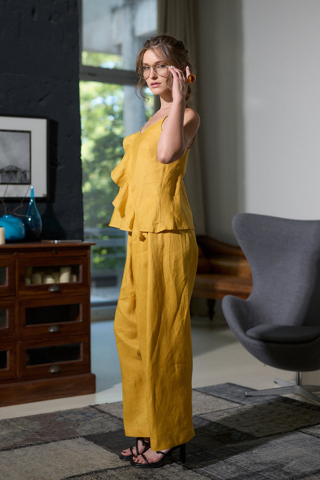 Woman's Linen Camisole Top with Ruffle