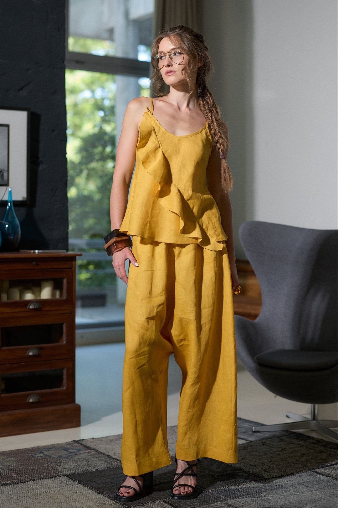 Linen harem pants in mustard