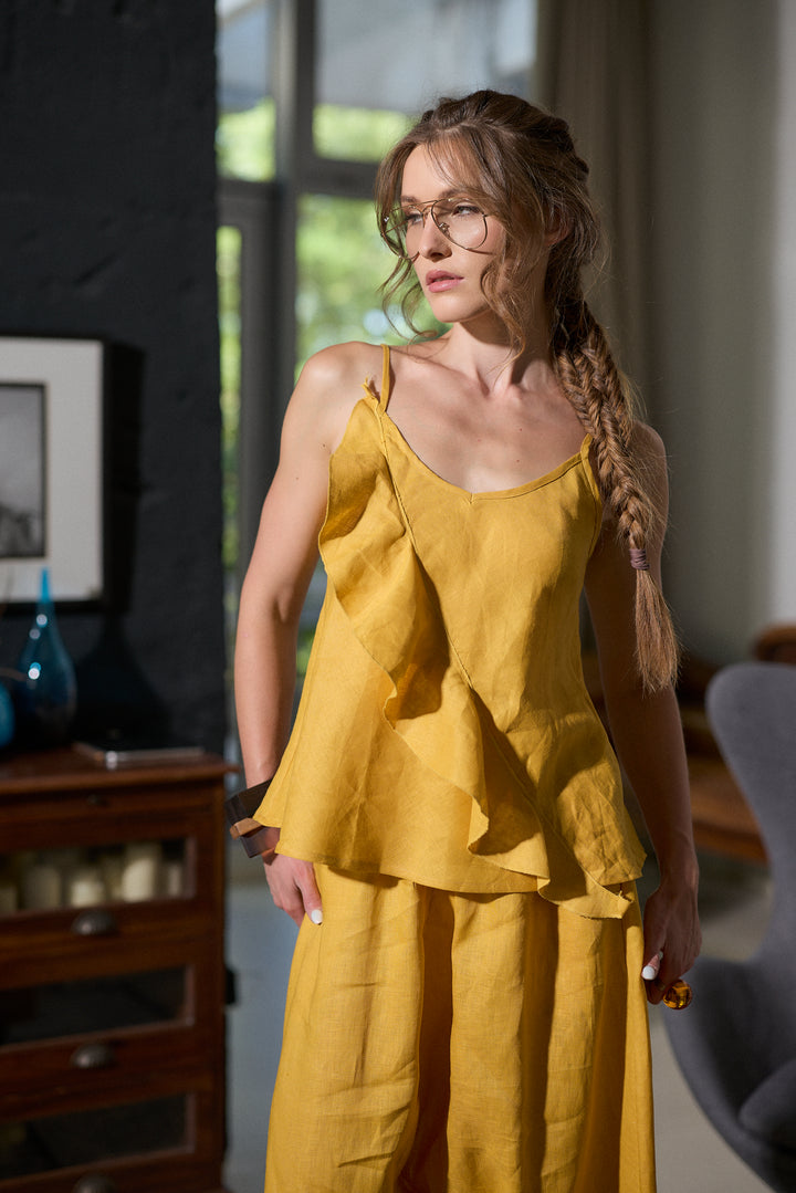 Woman's Linen Camisole Top with Ruffle