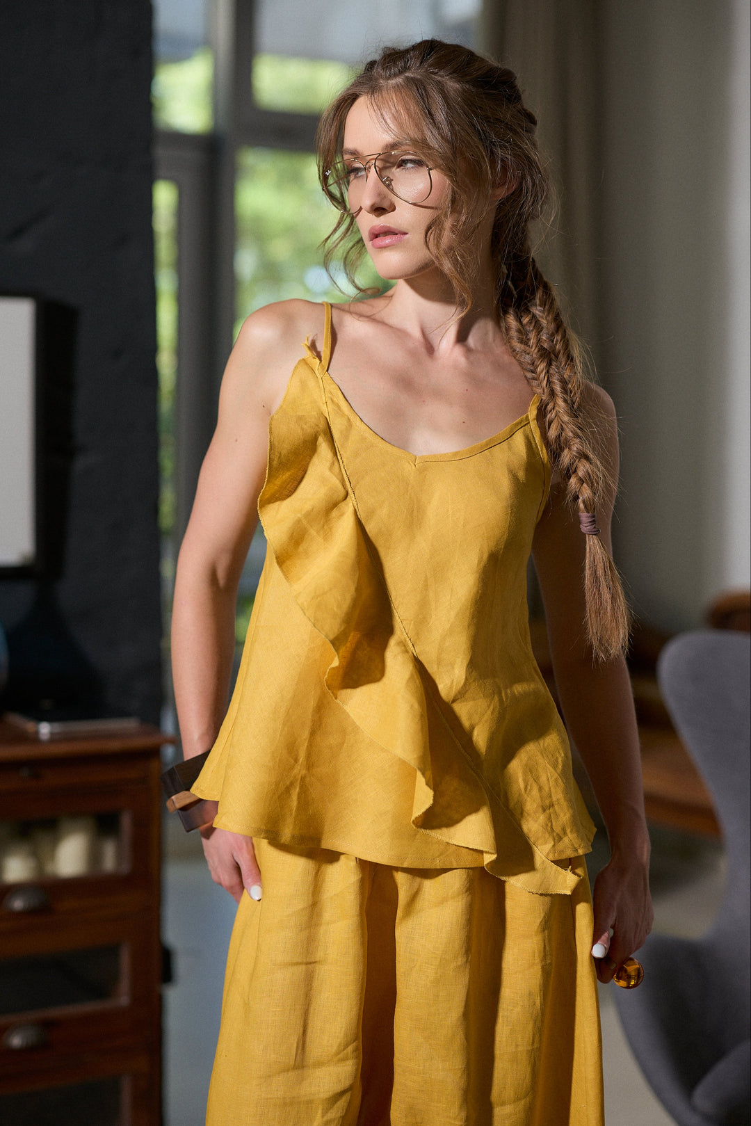 Woman's Linen Camisole Top with Ruffle