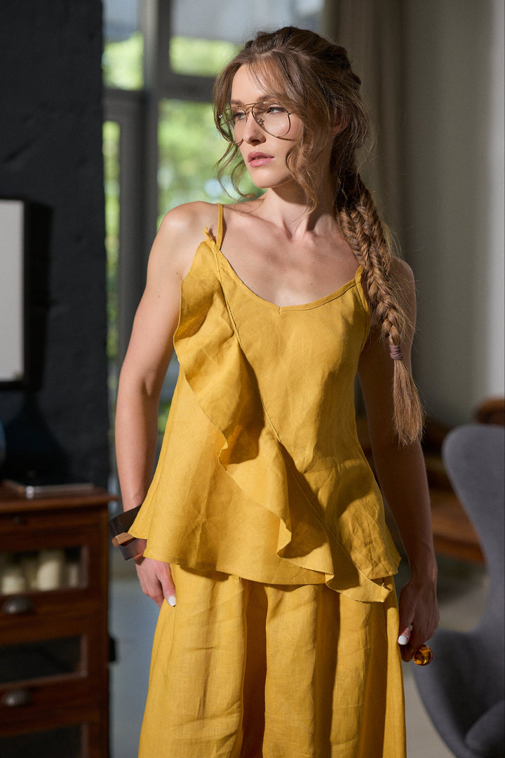 Woman's Linen Camisole Top with Ruffle