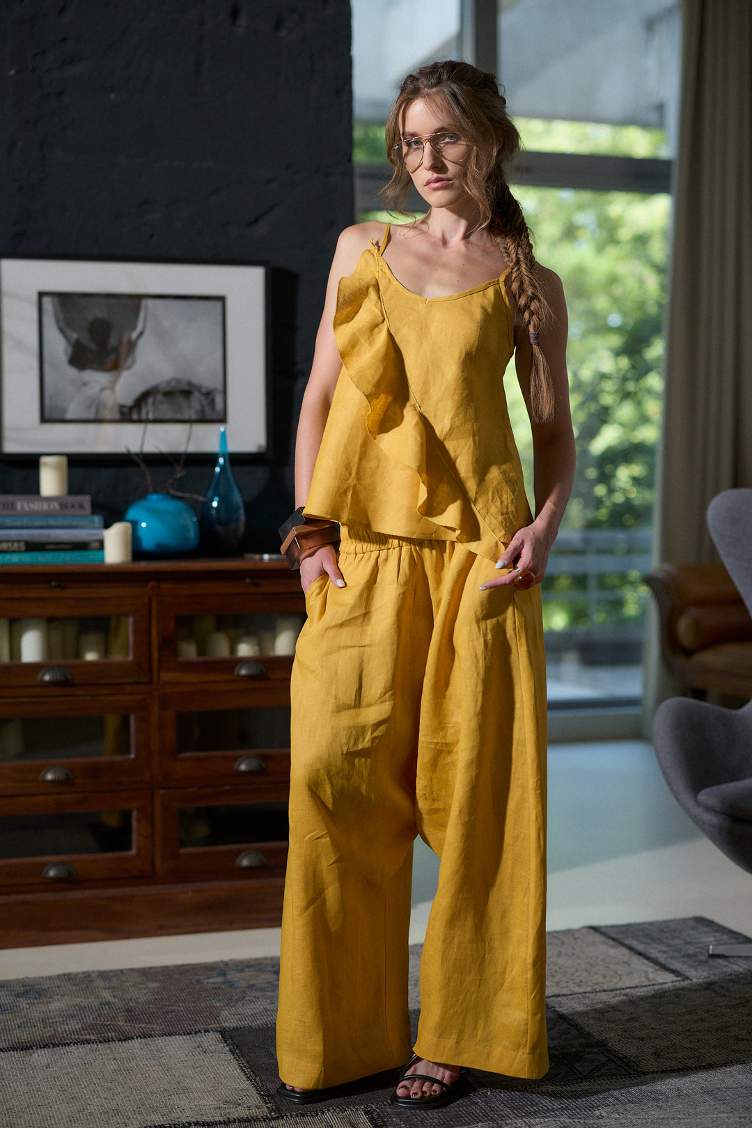 Linen harem pants in mustard