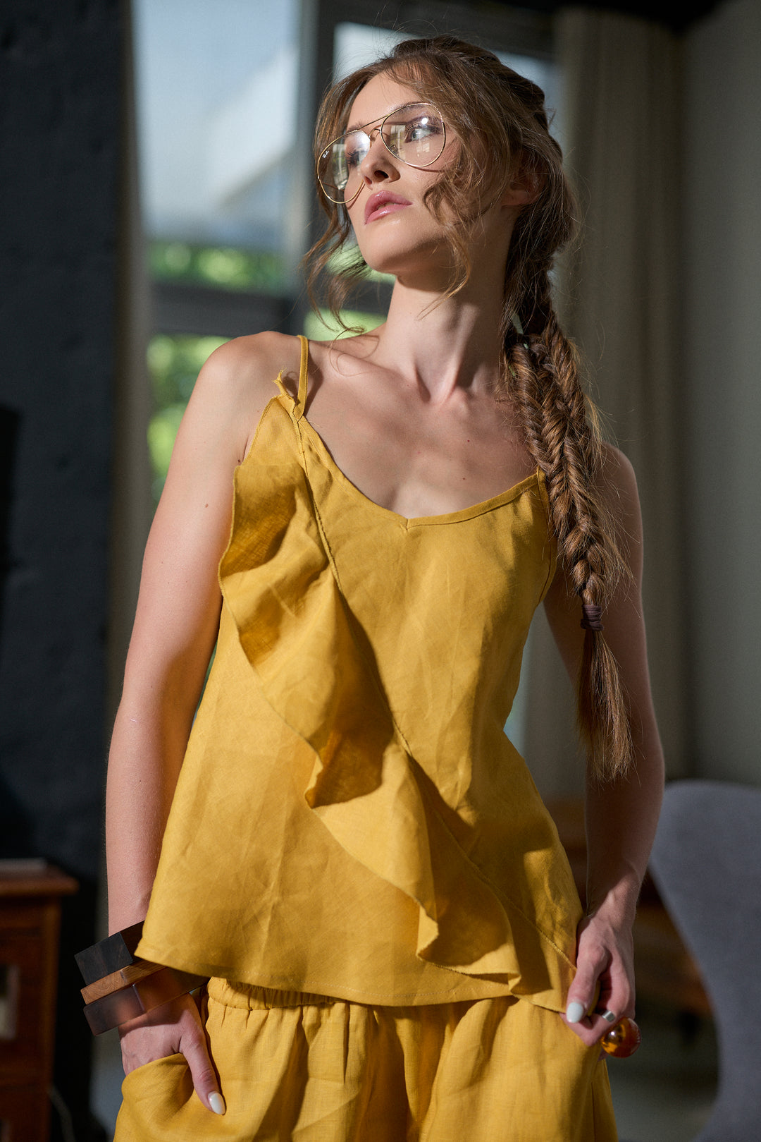 Woman's Linen Camisole Top with Ruffle