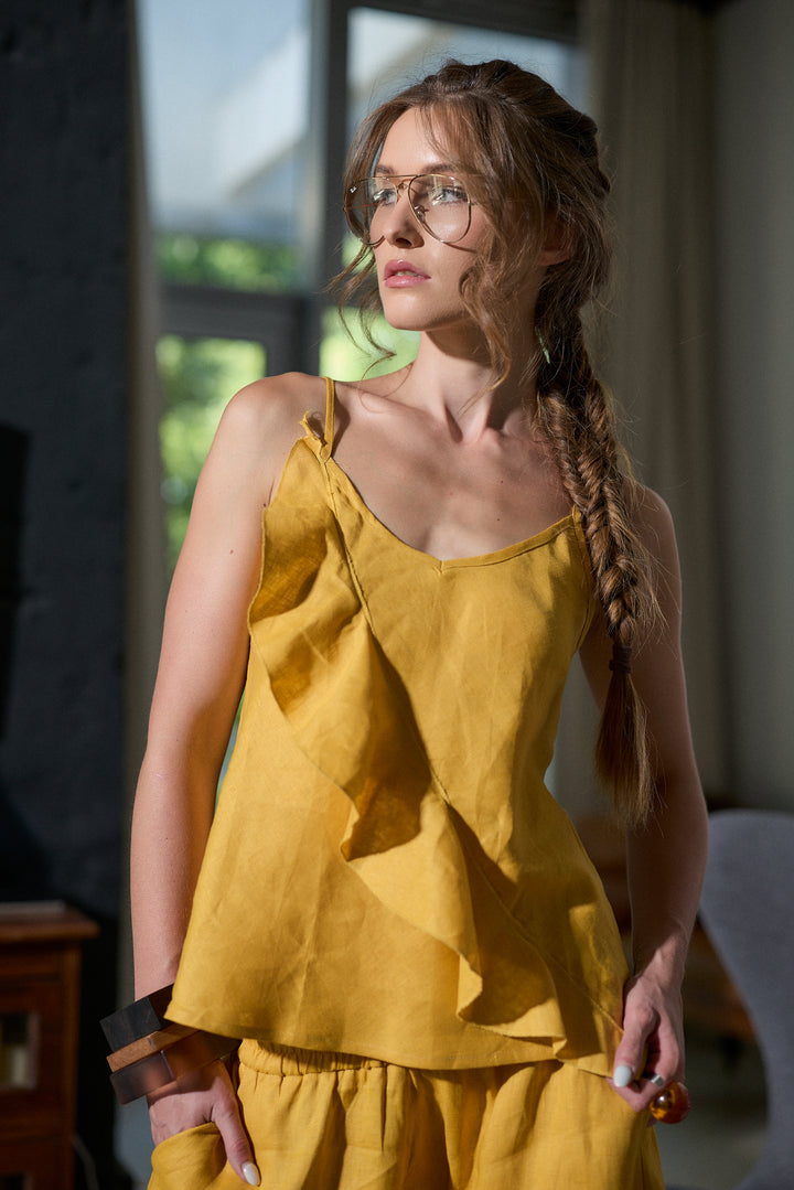 Woman's Linen Camisole Top with Ruffle