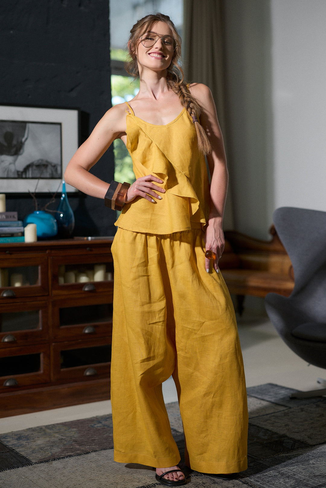 Linen harem pants in mustard