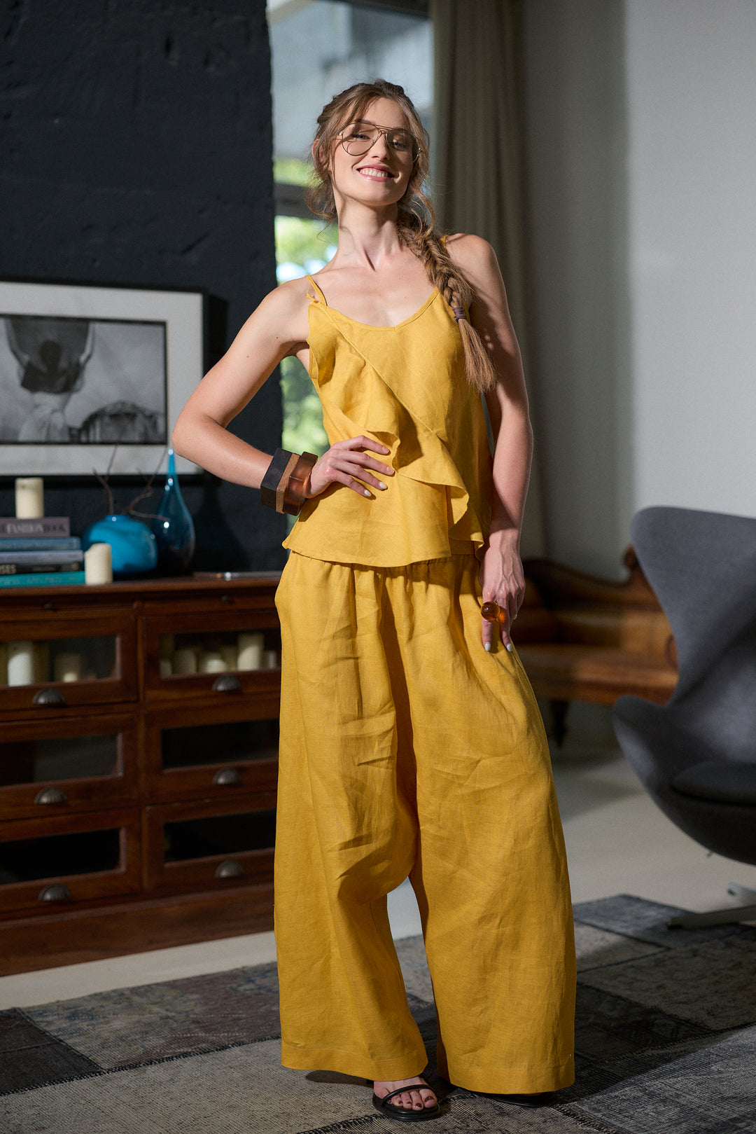 Woman's Linen Camisole Top with Ruffle