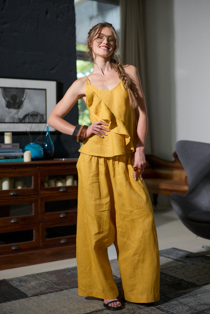 Woman's Linen Camisole Top with Ruffle