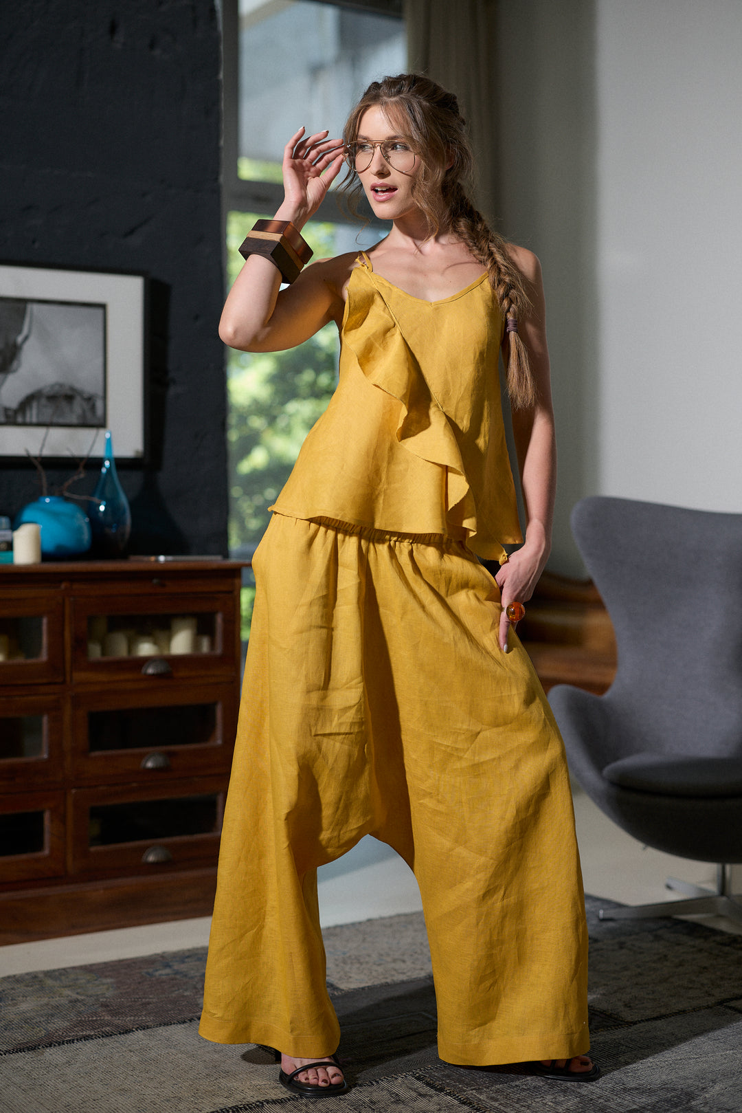 Linen harem pants in mustard
