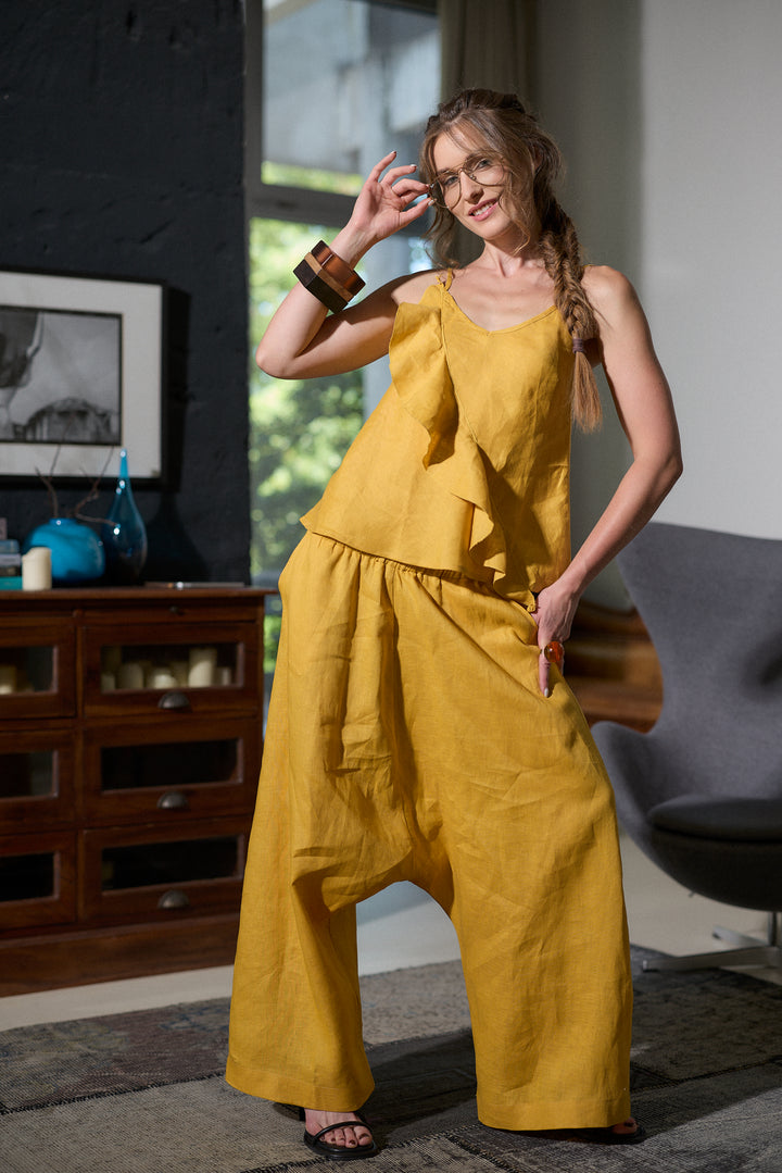 Linen harem pants in mustard
