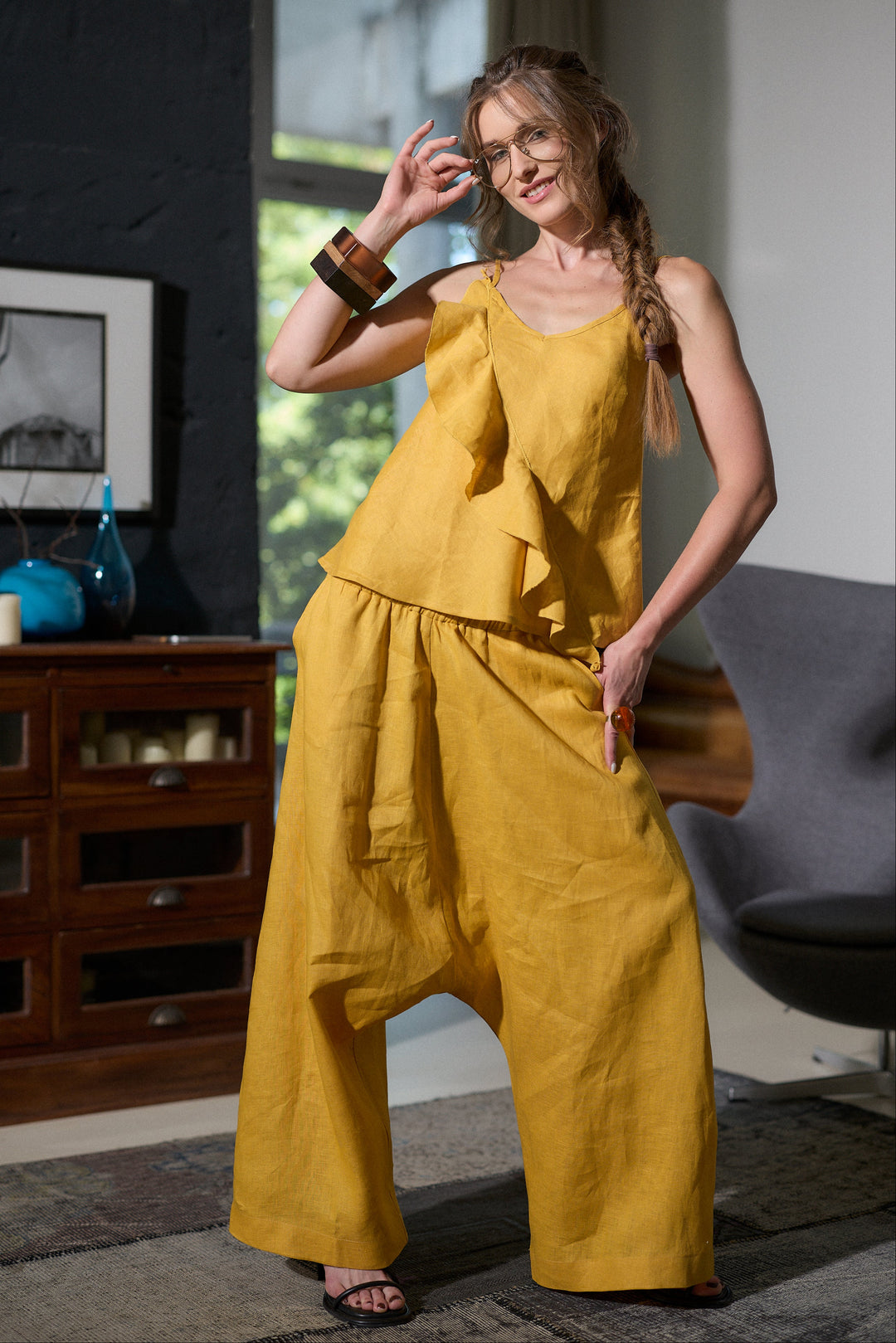 Linen harem pants in mustard