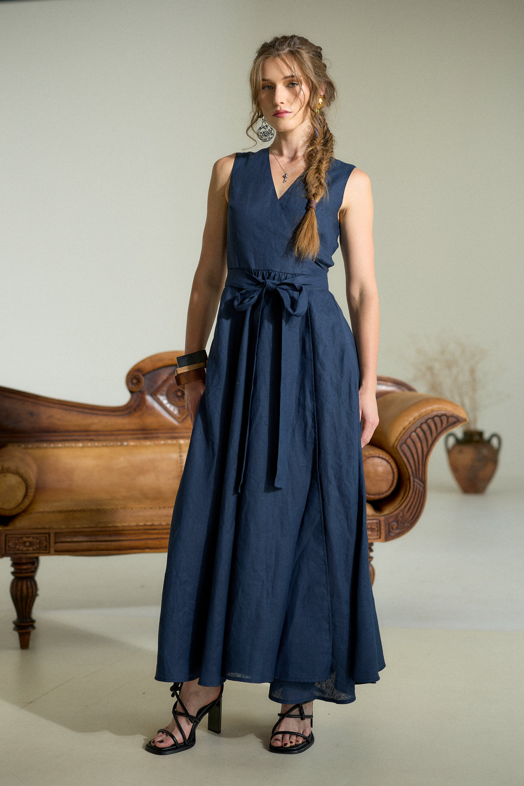 Pure Linen Wrap Maxi Dress in Dark Blue