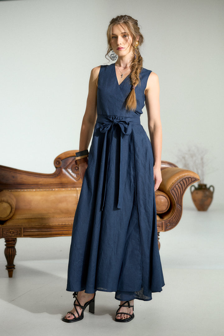 Pure Linen Wrap Maxi Dress in Dark Blue
