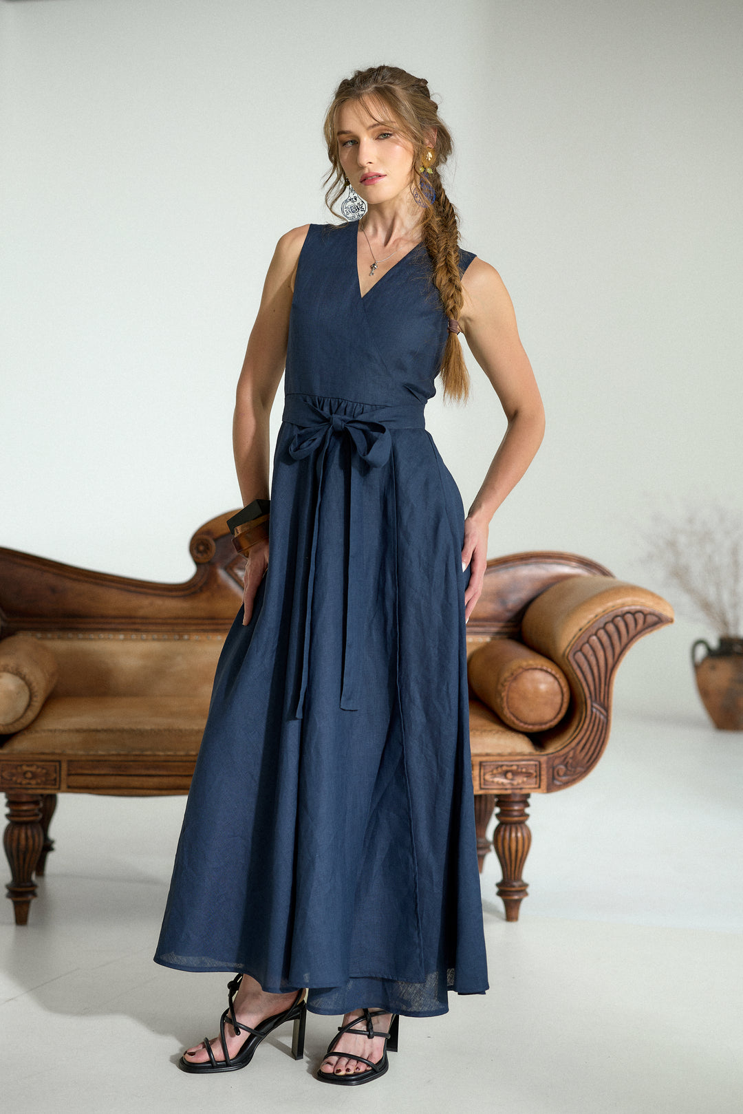 Pure Linen Wrap Maxi Dress in Dark Blue