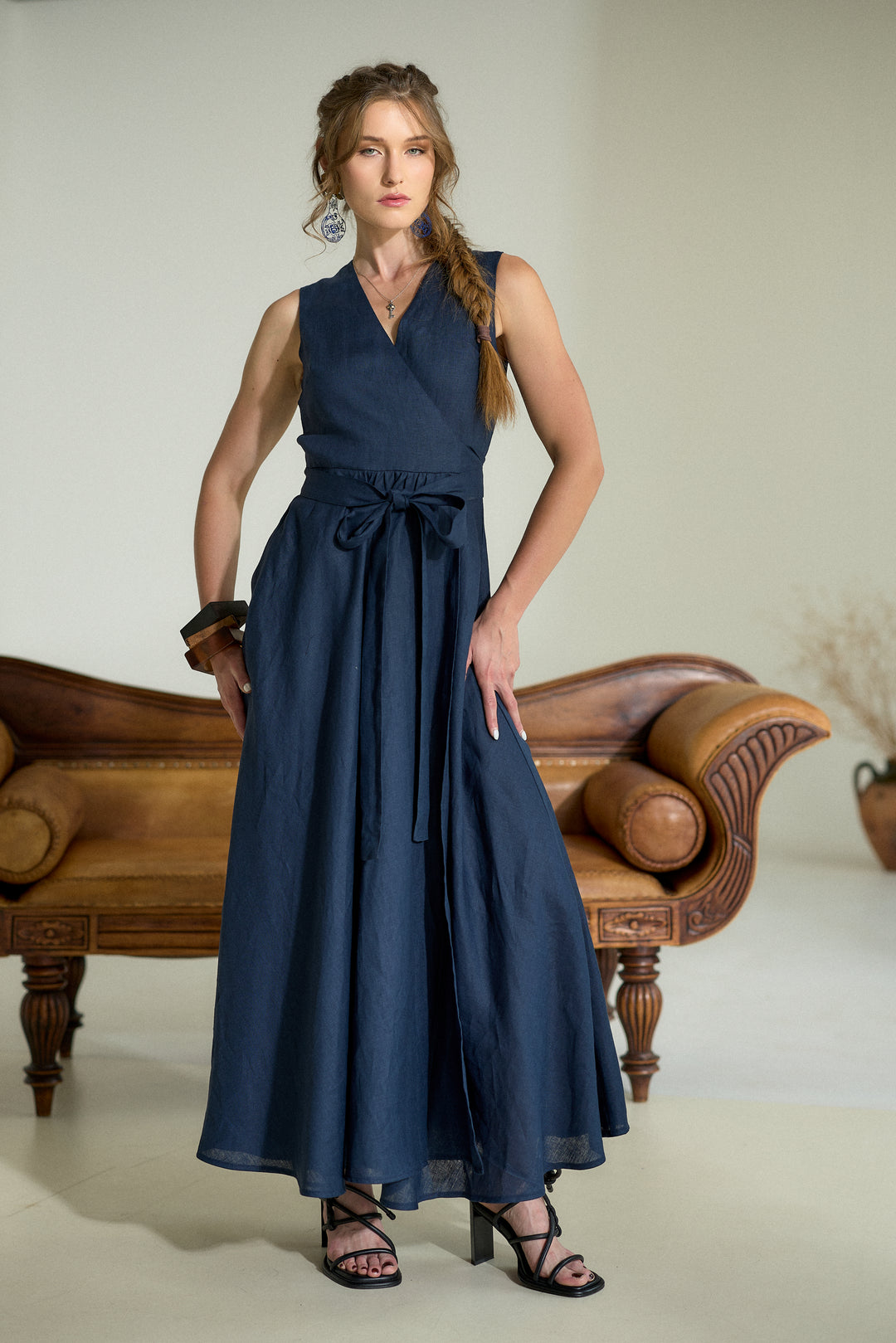 Pure Linen Wrap Maxi Dress in Dark Blue