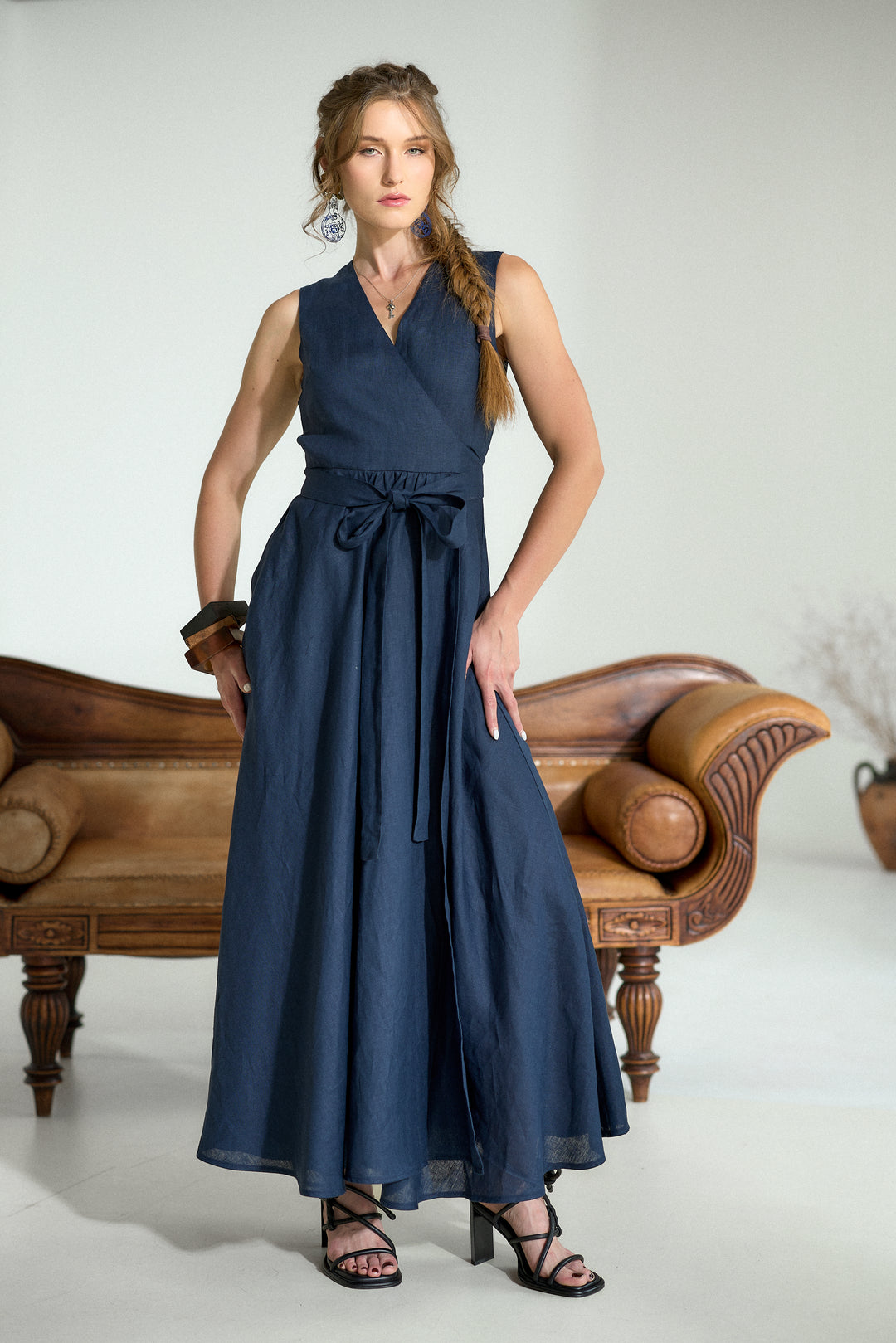 Pure Linen Wrap Maxi Dress in Dark Blue