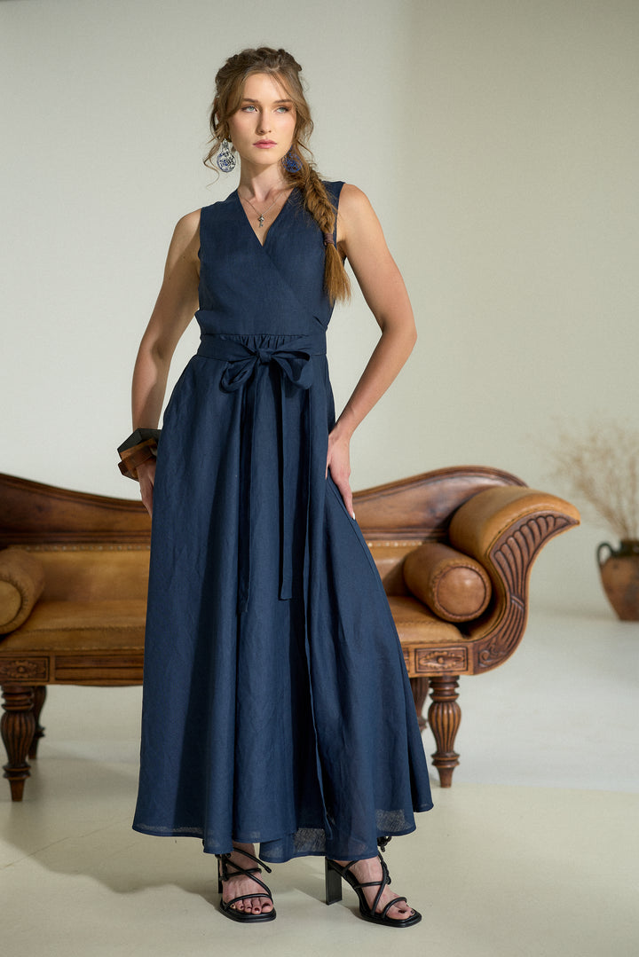 Pure Linen Wrap Maxi Dress in Dark Blue