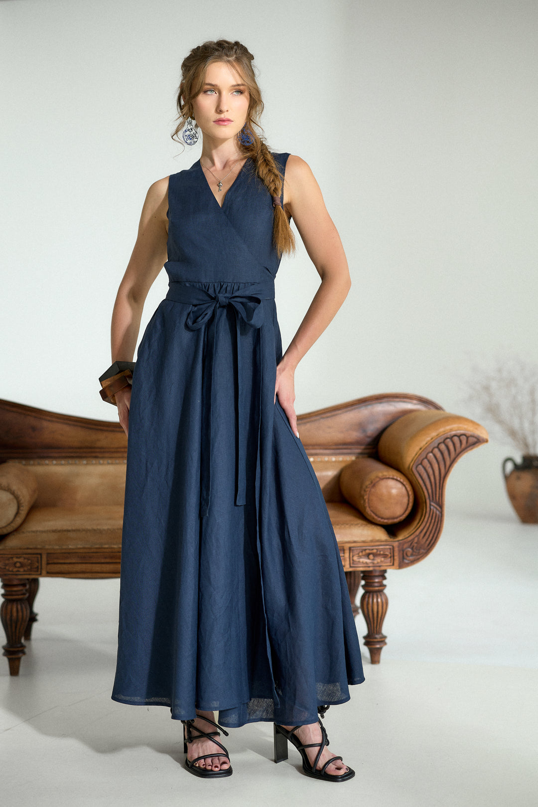 Pure Linen Wrap Maxi Dress in Dark Blue