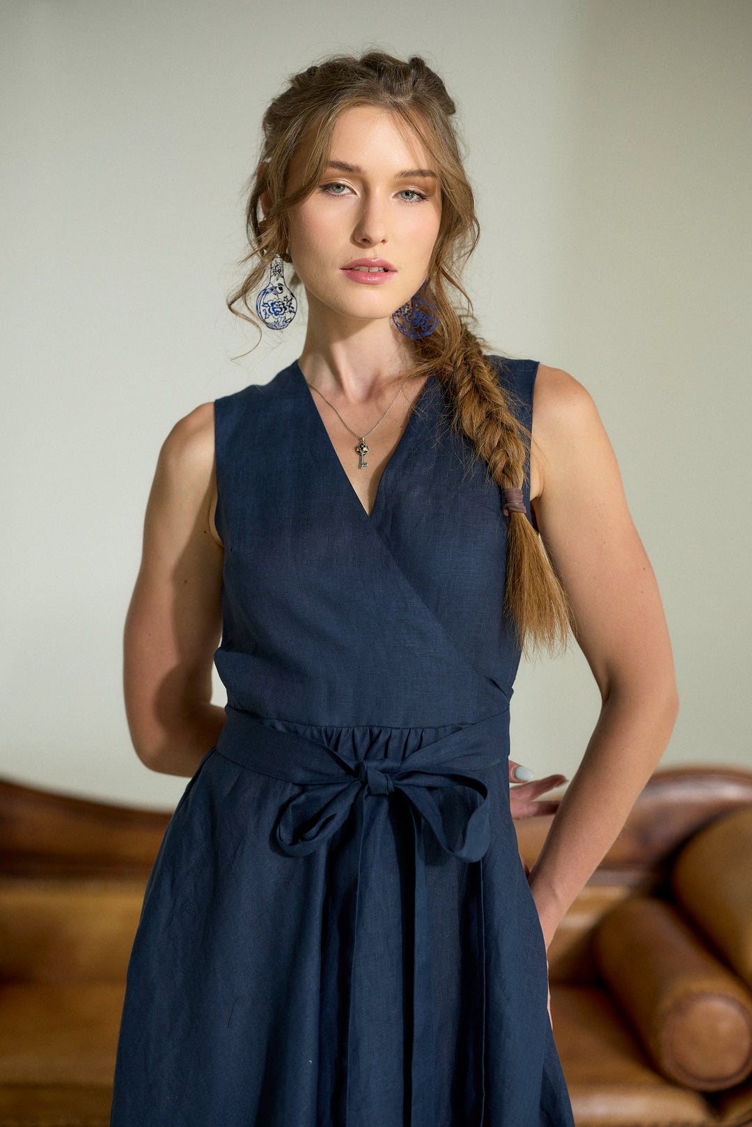 Pure Linen Wrap Maxi Dress in Dark Blue