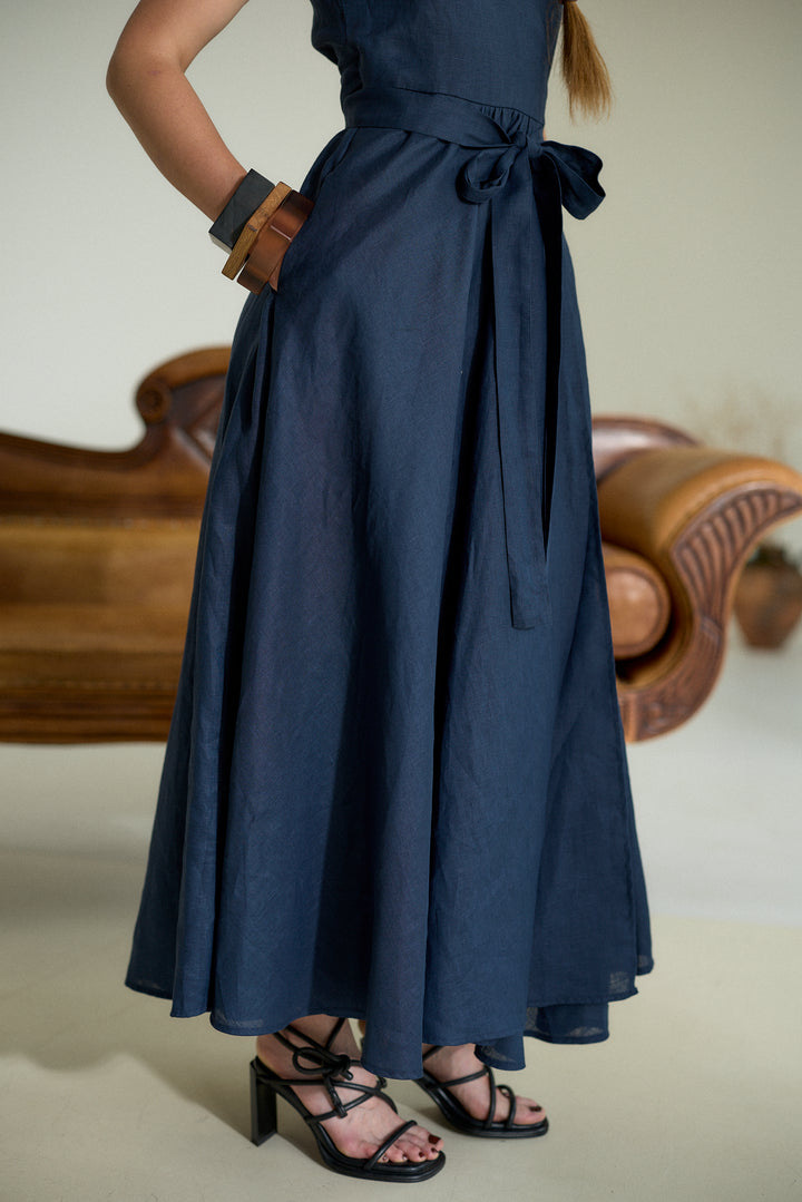 Pure Linen Wrap Maxi Dress in Dark Blue