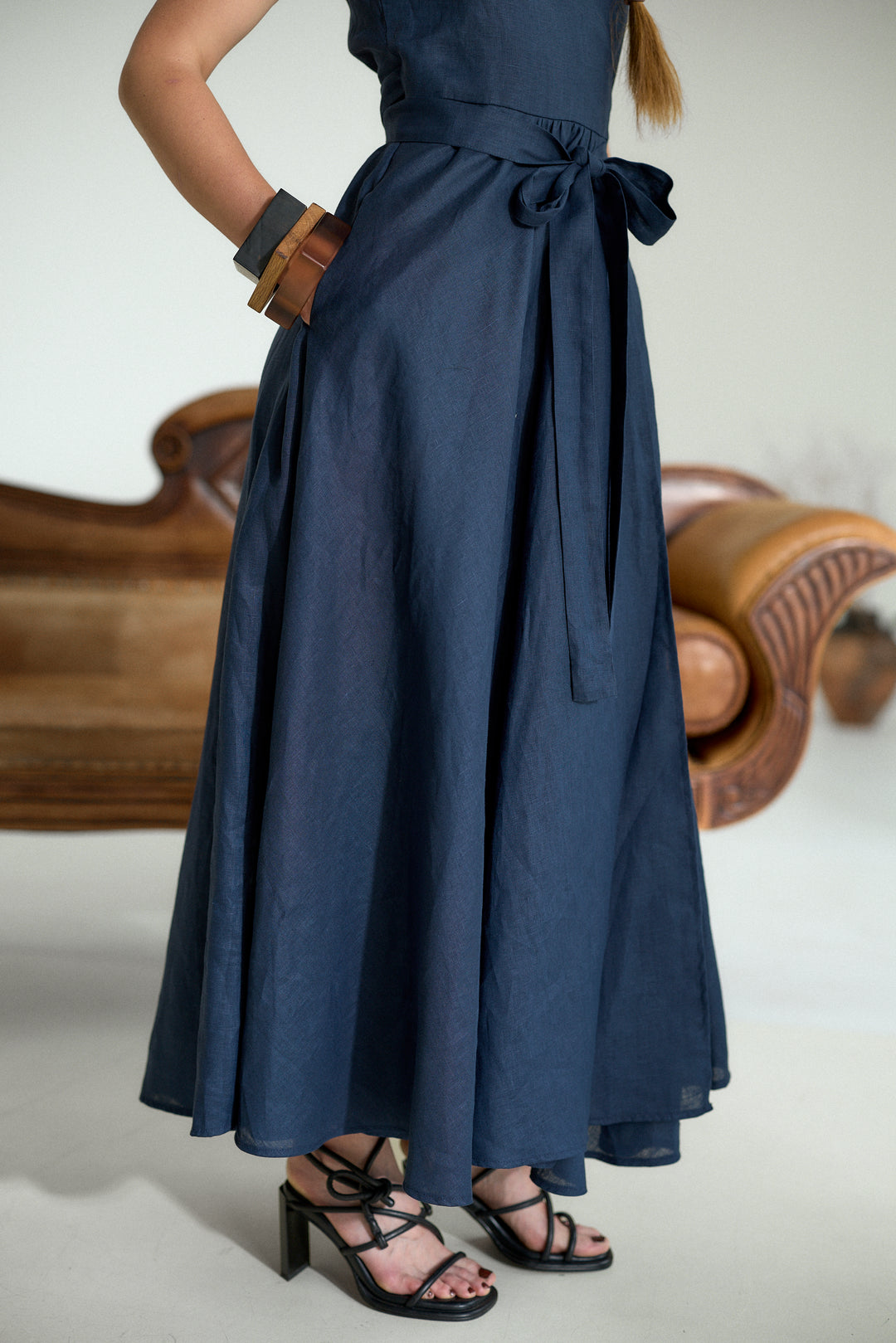 Pure Linen Wrap Maxi Dress in Dark Blue