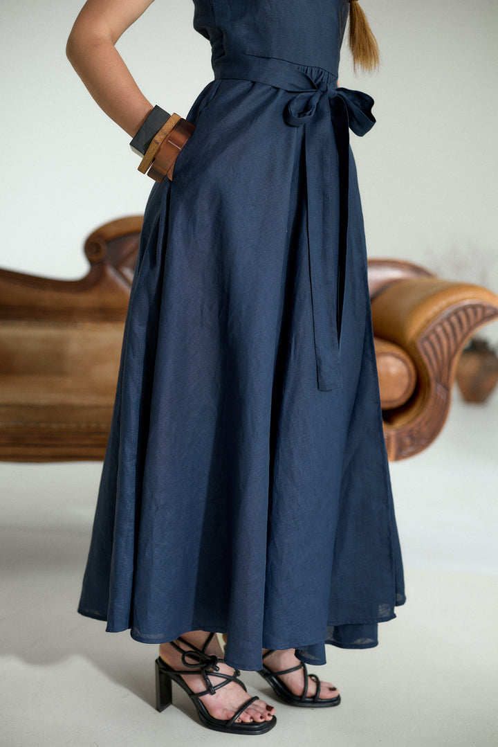 Pure Linen Wrap Maxi Dress in Dark Blue