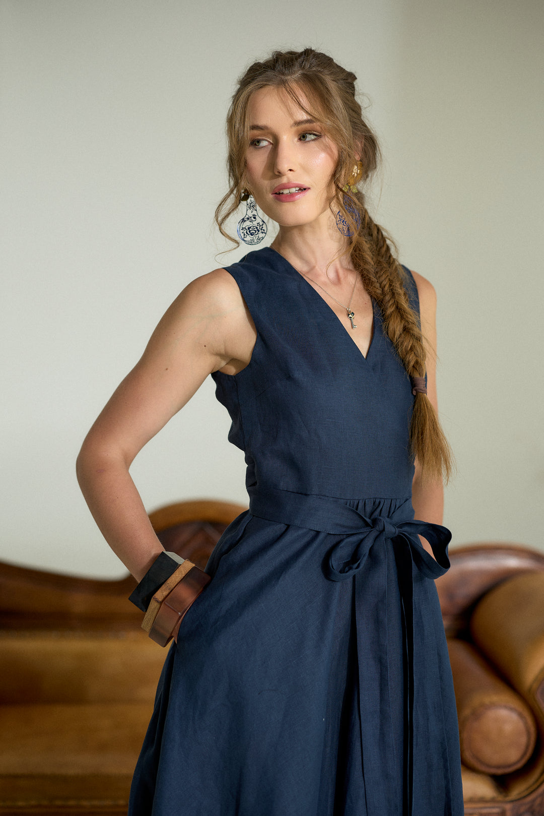 Pure Linen Wrap Maxi Dress in Dark Blue