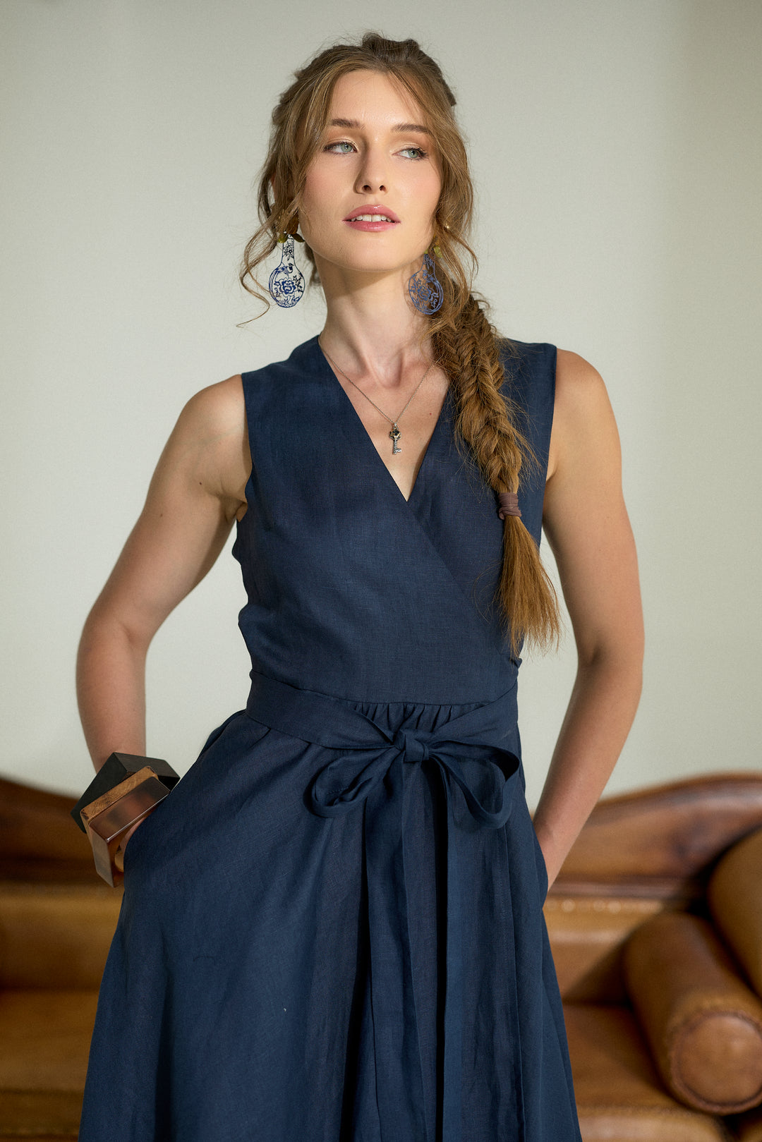 Pure Linen Wrap Maxi Dress in Dark Blue