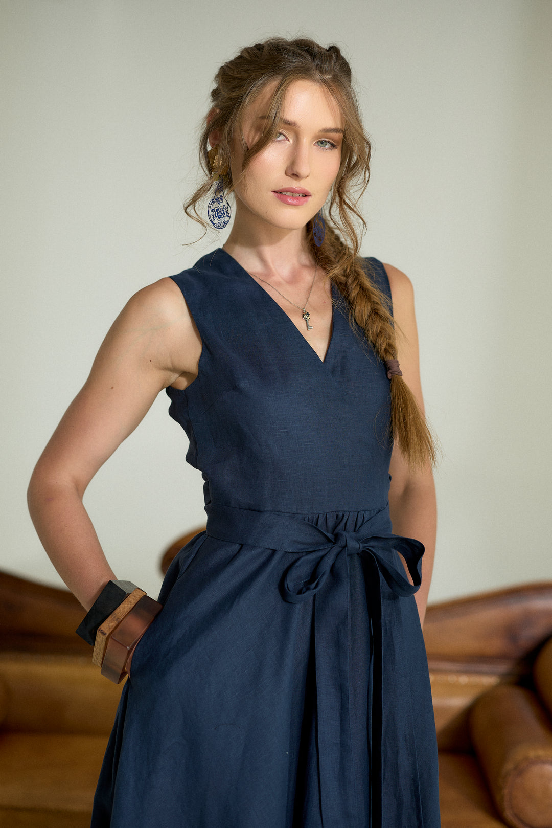 Pure Linen Wrap Maxi Dress in Dark Blue