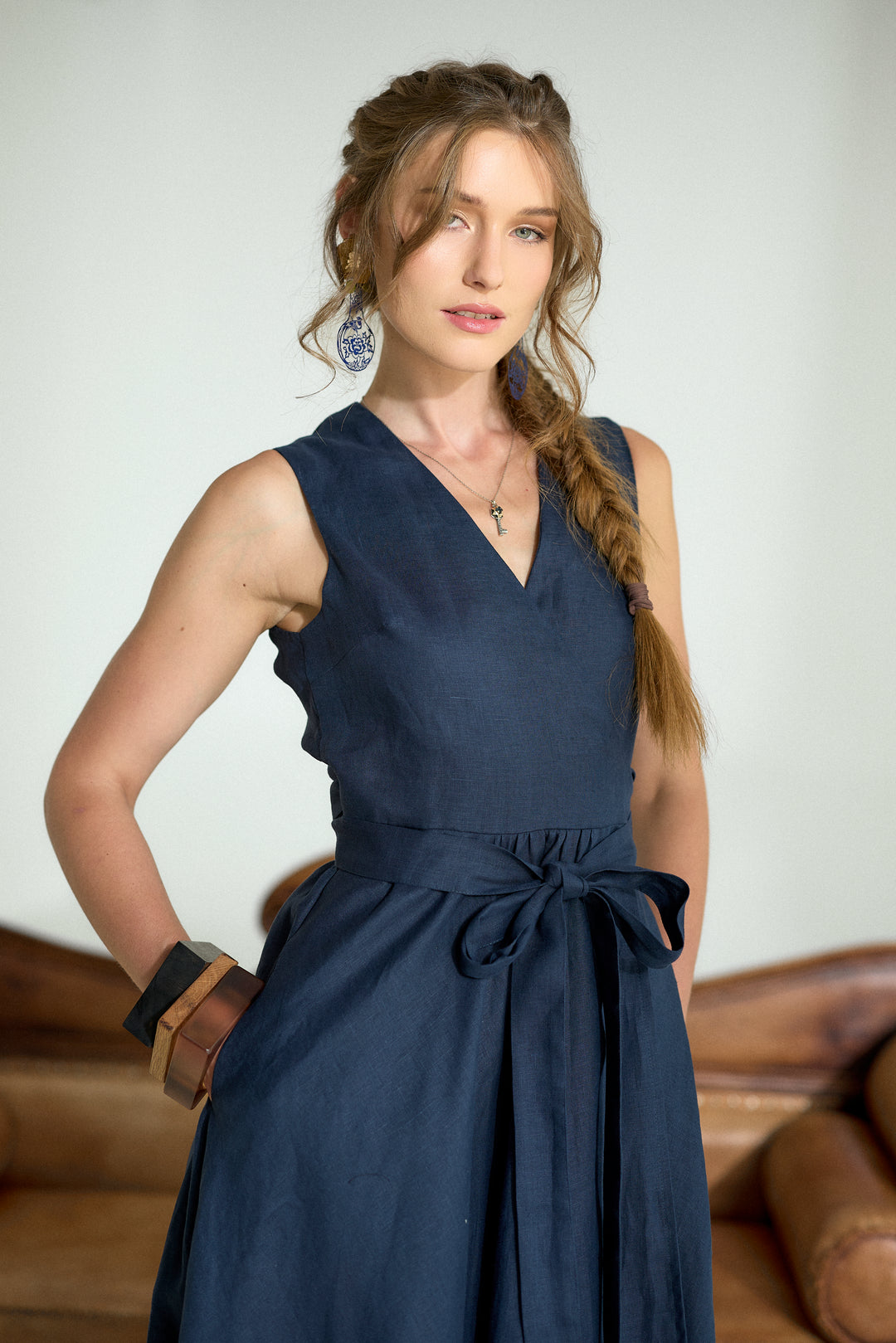 Pure Linen Wrap Maxi Dress in Dark Blue