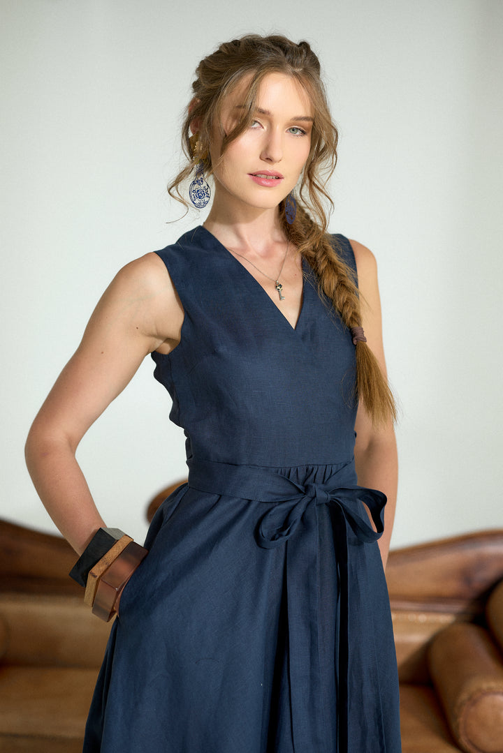 Pure Linen Wrap Maxi Dress in Dark Blue