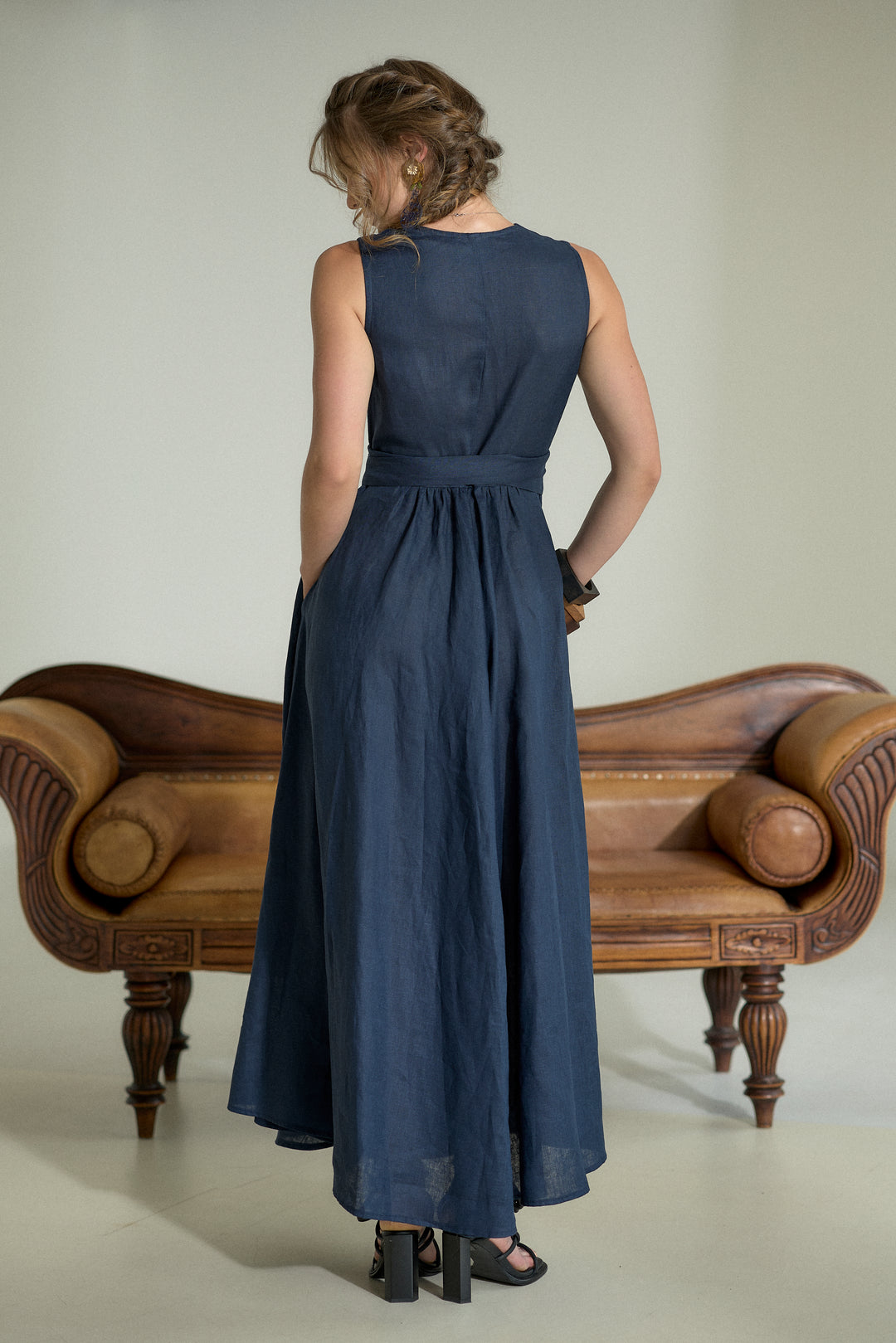 Pure Linen Wrap Maxi Dress in Dark Blue