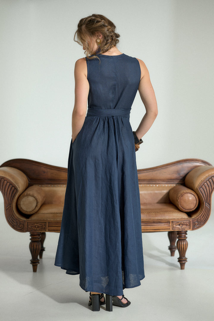 Pure Linen Wrap Maxi Dress in Dark Blue