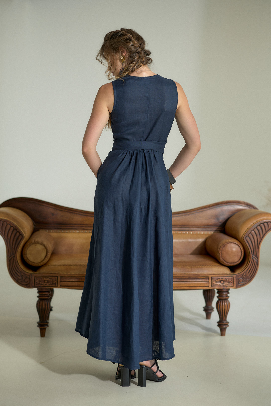 Pure Linen Wrap Maxi Dress in Dark Blue