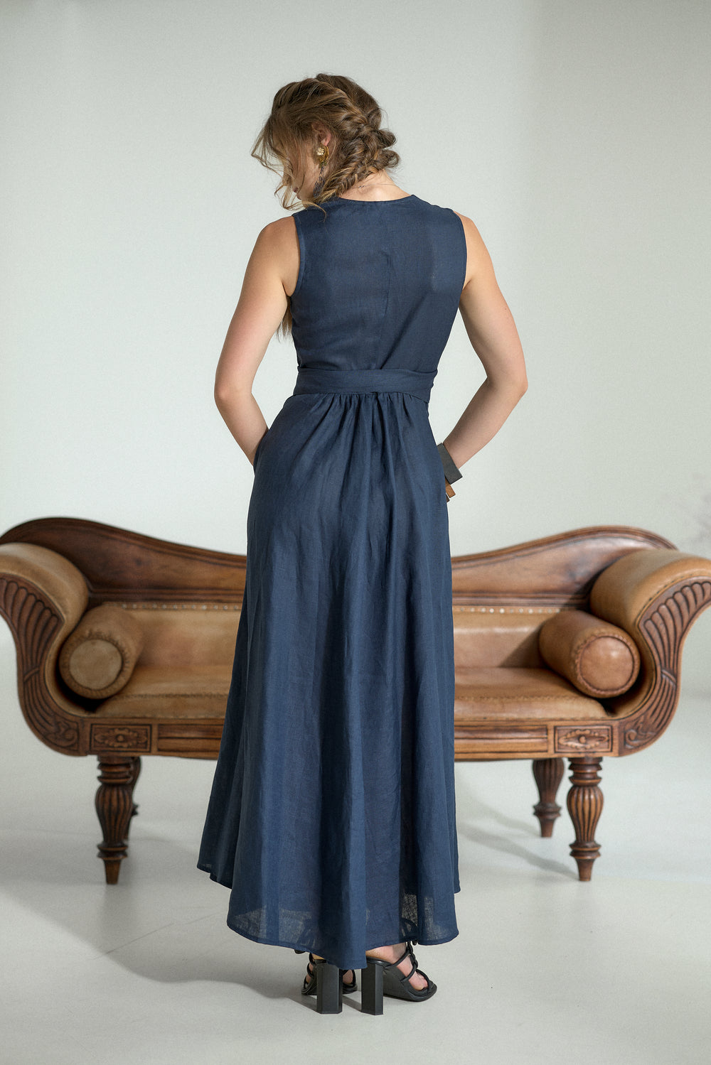 Pure Linen Wrap Maxi Dress in Dark Blue