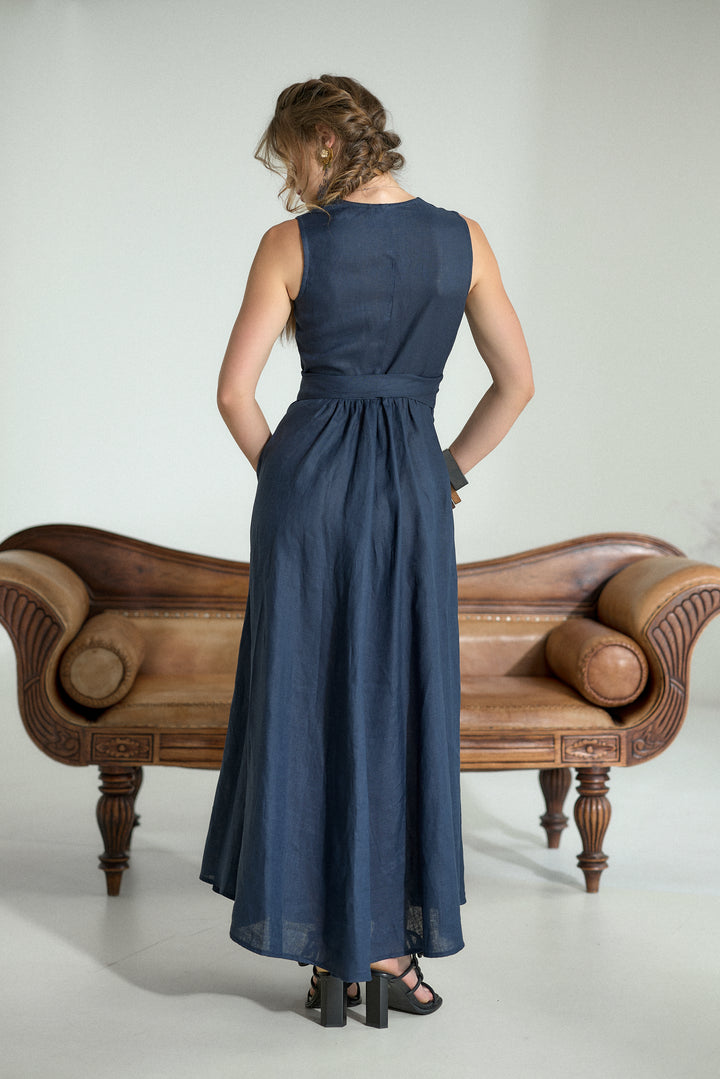 Pure Linen Wrap Maxi Dress in Dark Blue