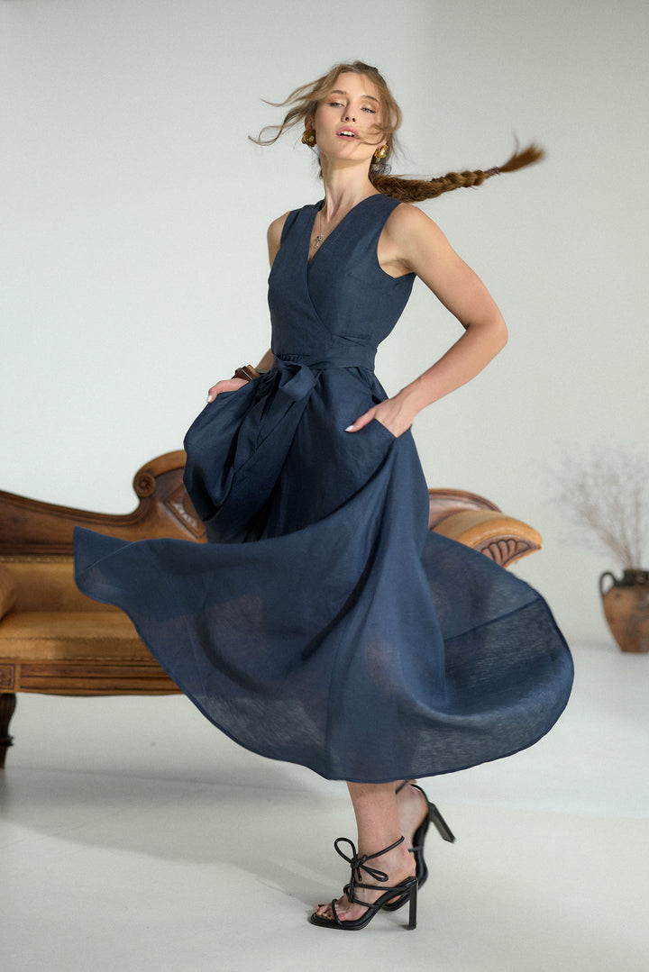 Pure Linen Wrap Maxi Dress in Dark Blue