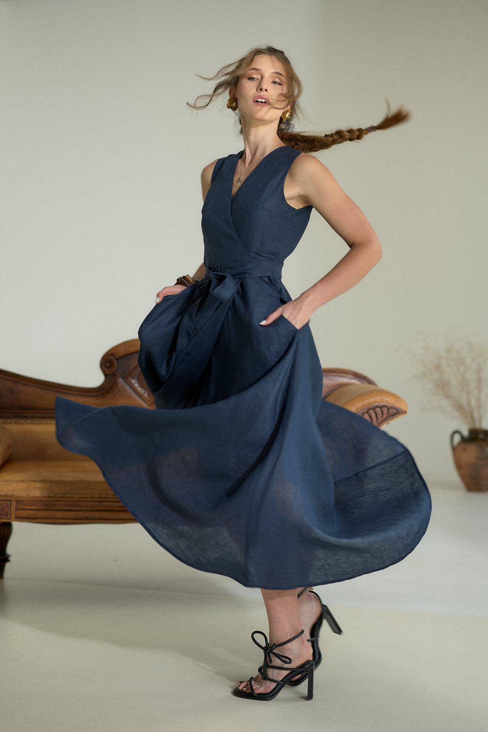 Pure Linen Wrap Maxi Dress in Dark Blue