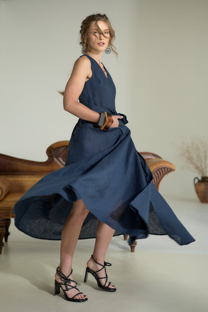 Pure Linen Wrap Maxi Dress in Dark Blue
