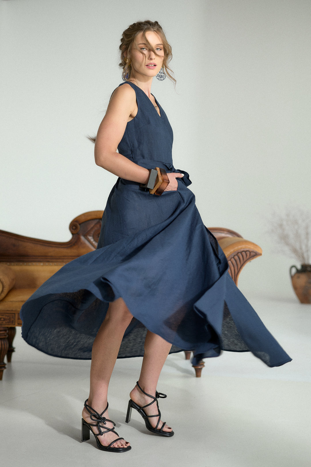 Pure Linen Wrap Maxi Dress in Dark Blue