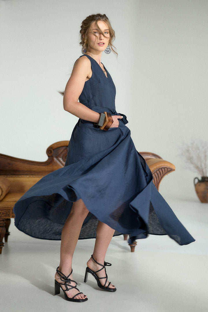 Pure Linen Wrap Maxi Dress in Dark Blue