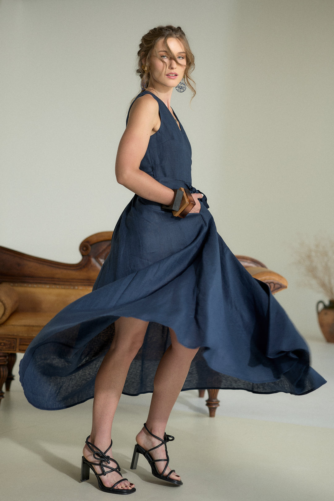 Pure Linen Wrap Maxi Dress in Dark Blue