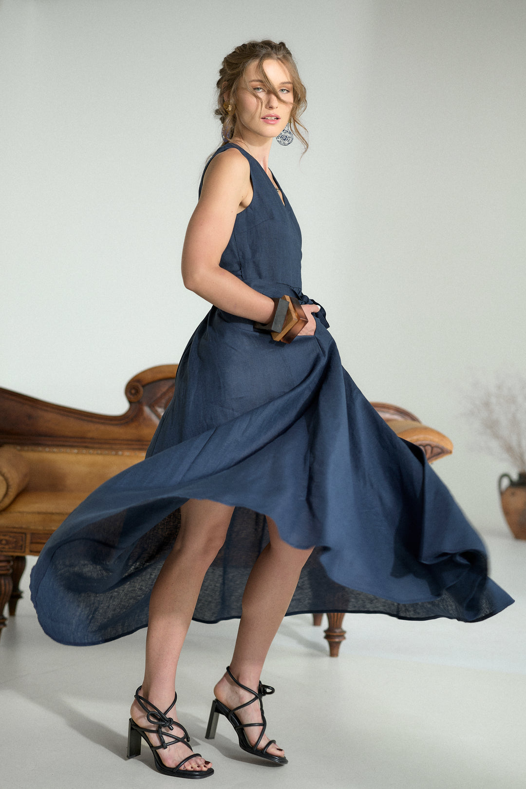 Pure Linen Wrap Maxi Dress in Dark Blue