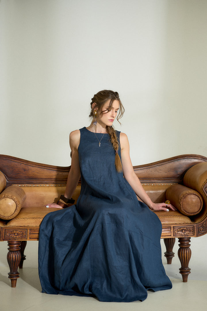 Dark Blue Maxi Linen Cocoon Dres