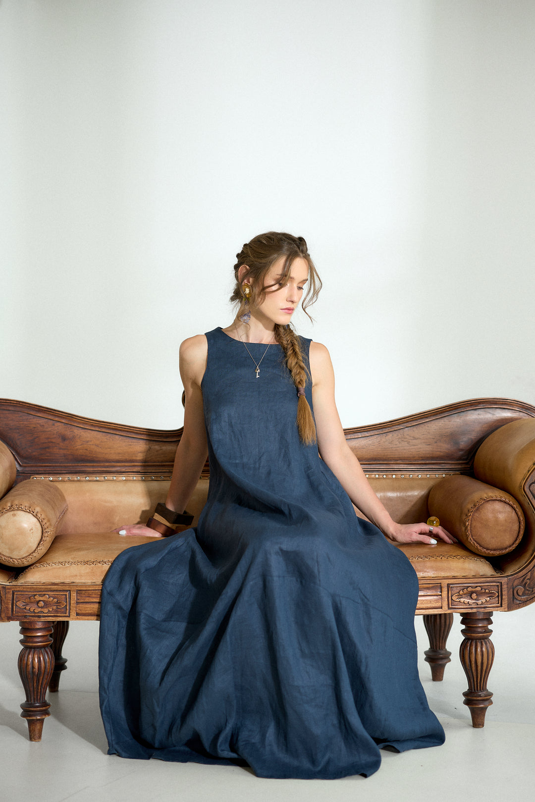 Dark Blue Maxi Linen Cocoon Dres