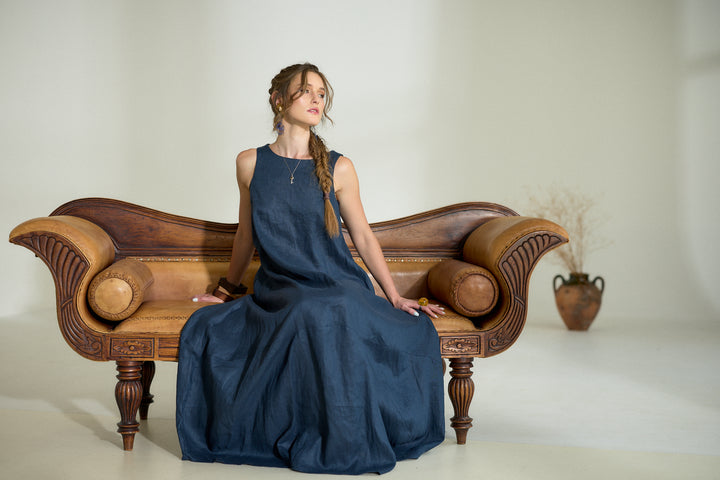 Dark Blue Maxi Linen Cocoon Dres